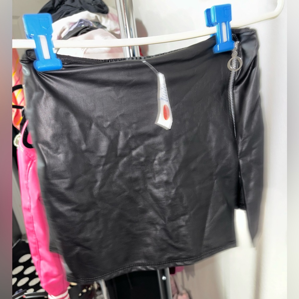Rainbow Black Pleather Skort with Zipper on side